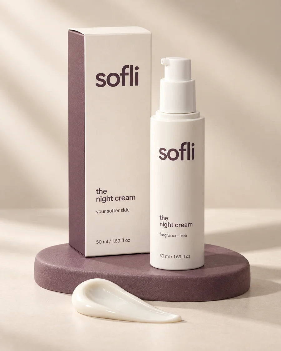 Sofli night cream in an ivory pump bottle beside its branded box